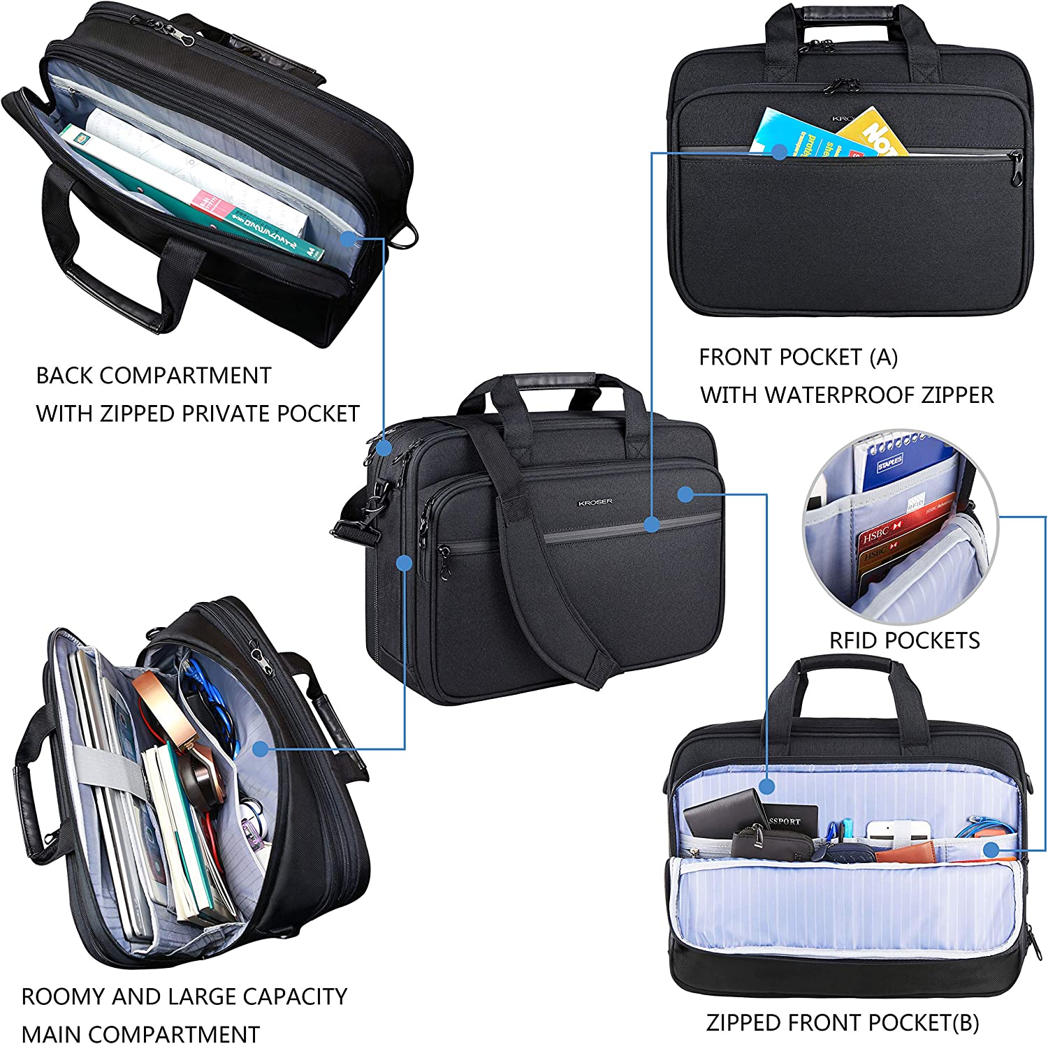 KROSER Laptop Bag Premium Laptop Briefcase Fits Up to 17.3 Inch Laptop Expandable Water-Repellent Shoulder Messenger Bag Computer Bag with RFID Pockets for Travel/Business/School/Men/Women-Black - Image 4